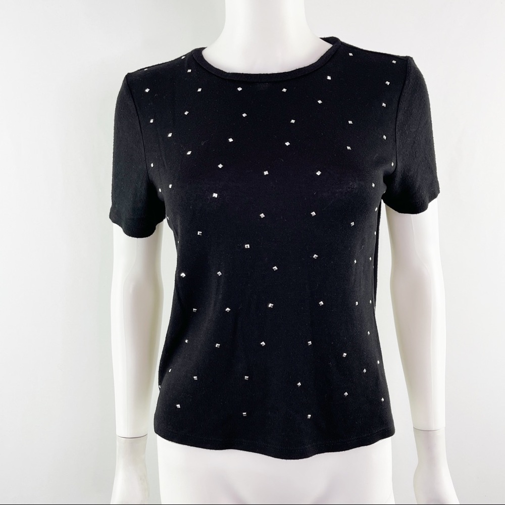 Zara Black Short Sleeve Studded T-Shirt Top Size M Studs Casual Knit